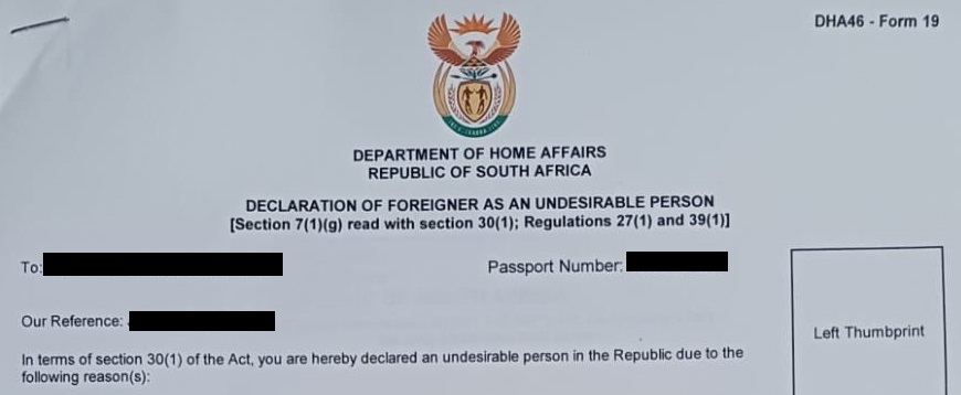 DHA Form 19 — Declaration of Foreigner as an Undesirable Person