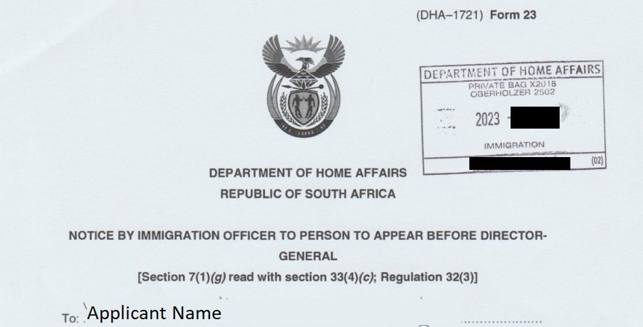 DHA Form 23 — Notice by Immigration Officer to Person to Appear Before Director-General