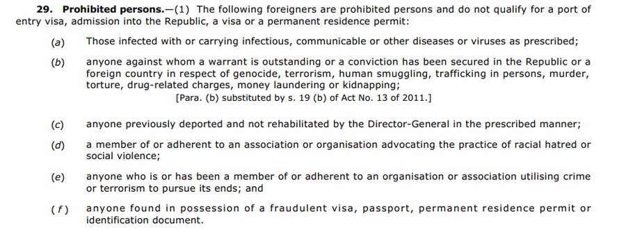 Section 29 of the South African Immigration Act — Prohibited Persons