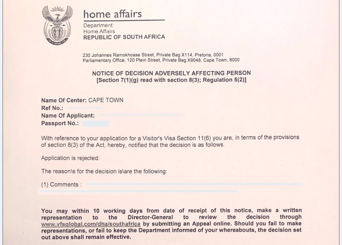 Example of a DHA notice of decision adversely affecting a person — visa application rejection