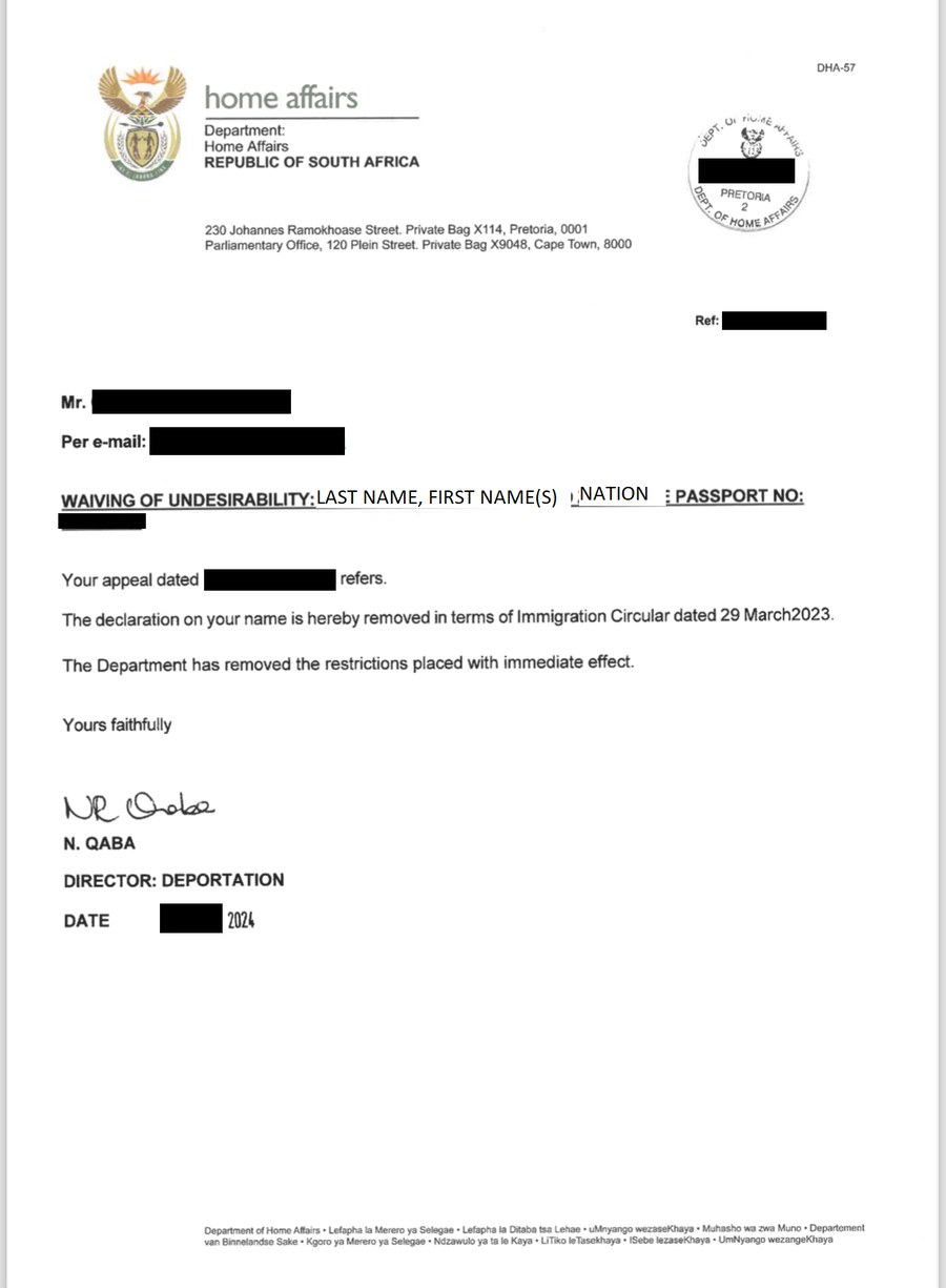 Example of a DHA Waiver Letter confirming the upliftment of an immigration ban